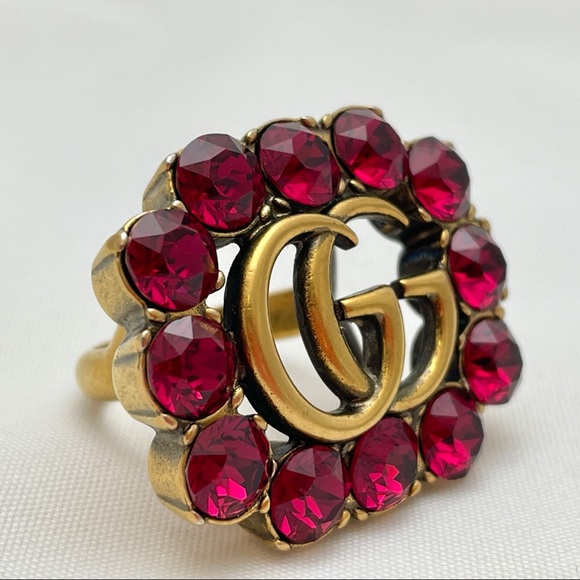 Gucci 605820 Gold Ruby Red Swarovski Crystal GG Marmont Logo Cocktail Ring SZ M - Picture 3 of 12